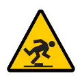 Señal de advertencia de riesgo de tropezar. Gráfico vectorial de seguridad en almacenes.