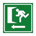 Pictograma vectorial de puerta de evacuación. Símbolo de apertura de seguridad normativa.