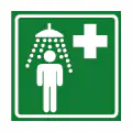 Pictograma vectorial de ducha de seguridad. Icono de descontaminación de emergencia.