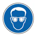 Pictograma vectorial de uso obligatorio de gafas. Símbolo de protección ocular técnica.