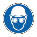 Pictograma vectorial de casco y gafas. Gráfico de protección combinada de seguridad.