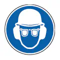 Pictograma vectorial de EPI completo. Icono de casco, gafas y protección acústica.