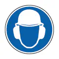 Pictograma vectorial de casco y orejeras. Gráfico de protección auditiva integral.