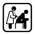 Pictograma vectorial de médico con paciente. Icono para servicios de asistencia sanitaria.