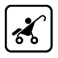 Pictograma vectorial de coche de bebé. Señalización para carritos y áreas familiares.