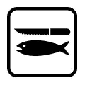 Pictograma vectorial de cuchillo y pez. Símbolo de limpieza de capturas o lonja.
