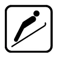 Pictograma vectorial de esquiador saltando. Icono para zonas de snowpark y saltos.