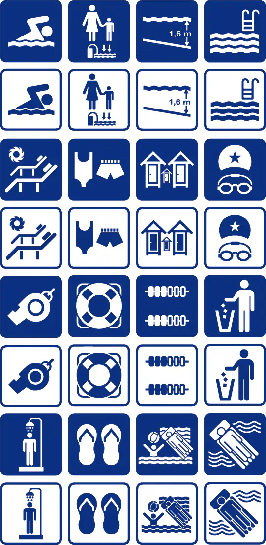Pictogramas para piscinas y playas, vectorizados para corte e impresión.
