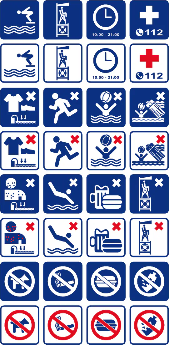 Pictogramas para piscinas y playas, vectorizados para corte e impresión.