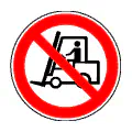 Pictograma vectorial de prohibido vehículos de manutención. Icono de seguridad en almacenes logísticos.