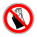 Pictograma vectorial de prohibido usar guantes. Gráfico de seguridad preventiva para máquinas rotativas.