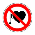 Pictograma vectorial de prohibido con marcapasos. Símbolo de riesgo por campos magnéticos.