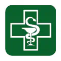 Pictograma vectorial de botica. Icono de farmacia y dispensación de medicamentos.