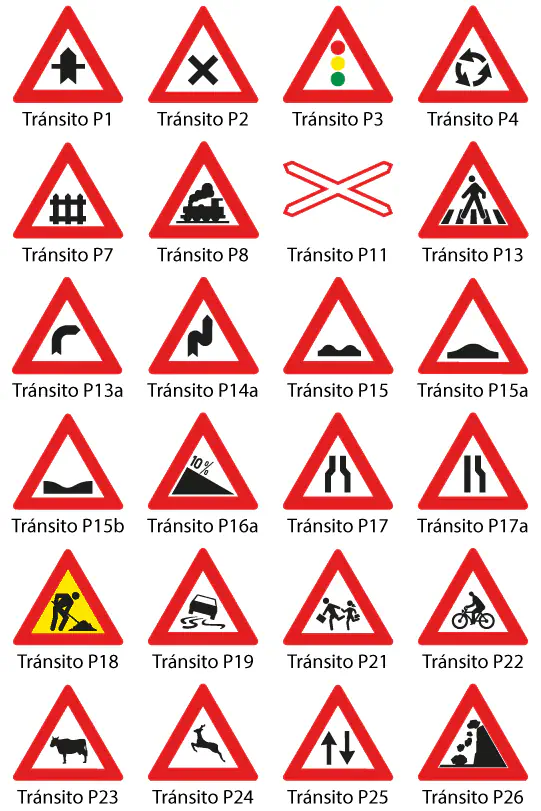Señales de tránsito vectoriales disponibles para descargar: P1, P2, P3, P4, P7, P8, P11, P13, P13a, P14a, P15, P15a, P15b, P16a, P17, P17a, P18, P19, P21, P22, P23, P24, P25 y P26.
