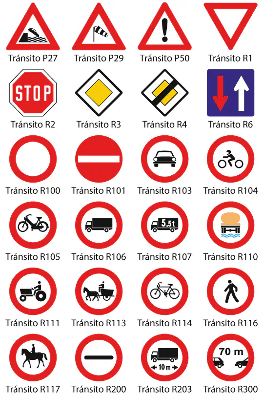 Señales de tránsito vectoriales disponibles para descargar:  P27, P29, P50, R1, R2, R3, R4, R6, R100, R101, R103, R104, R105, R106, R107, R110, R111, R113, R114, R116, R117, R200, R203 y R300.