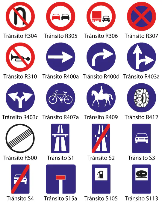 Señales de tránsito vectoriales disponibles para descargar:  R304, R305, R306, R307, R310, R400a, R400d, R403a, R403c, R407a, R409, R412, R500, S1, S2, S3, S4, S15a, S105 y S113.