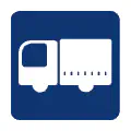Pictograma vectorial de camión con lona. Símbolo de transporte de mercancía protegida.