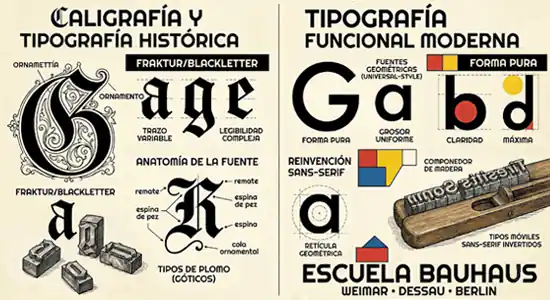 De la ornamentación a la función. A la izquierda está la tradición histórica: Fuentes de estilo Fraktur; a la derecha está la revolución Bauhaus: la tipografía funcional.