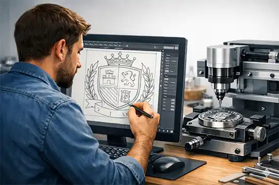 persona vectorizando un escudo para grabar en metal mediante una fresadora CNC de joyería.