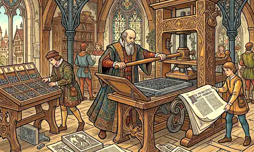 Ilustración que recrea el taller de Johannes Gutenberg donde opera su imprenta en Maguncia, mediados del siglo XV.