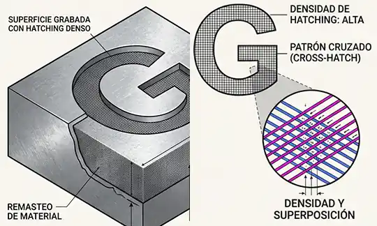 El software del láser de fibra óptica aplica un rayado interno muy tupido (hatching).