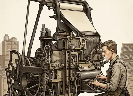 El salto hacia la automatización diaria de la impresión: Una máquina de linotipia con su operario escribiendo.