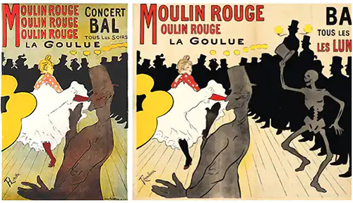 A la izquierda, el cartel original de Lautrec (1891) y a la derecha, una recreación moderna generada por IA.