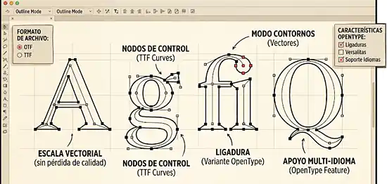 Modelado vectorial y funciones OpenType y TTF en tipografía digital.