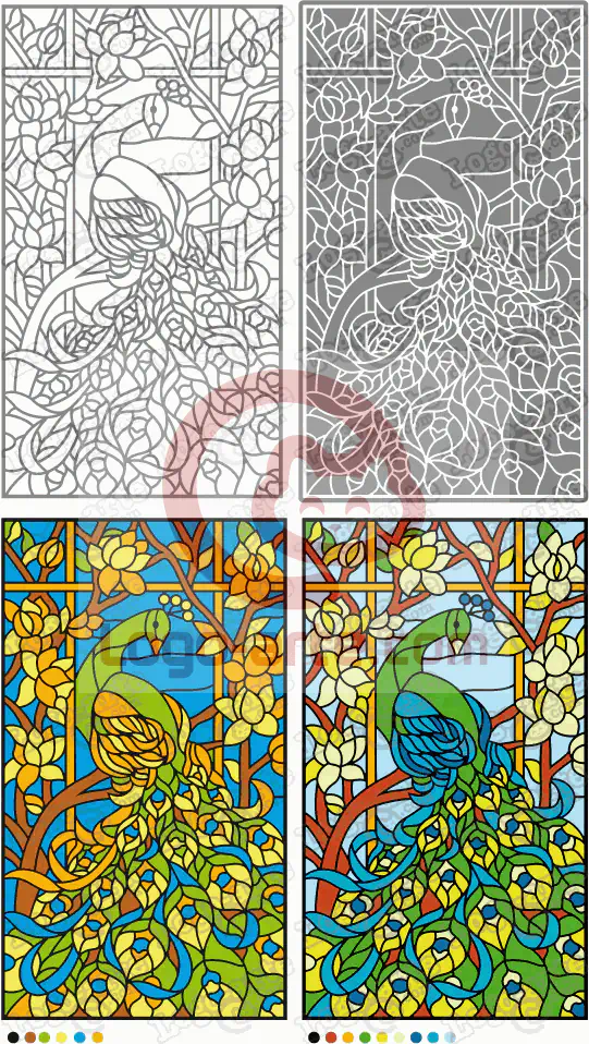 Imágenes vectoriales de pavo real con flores, en blanco y negro y en colores, disponibles para descargar.