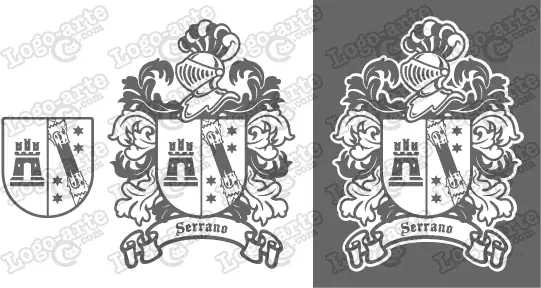 Imágenes vectoriales del escudo de armas del apellido Serrano para descargar.