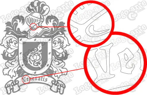 Escudo heráldico ficticio mostrando elementos ampliados.