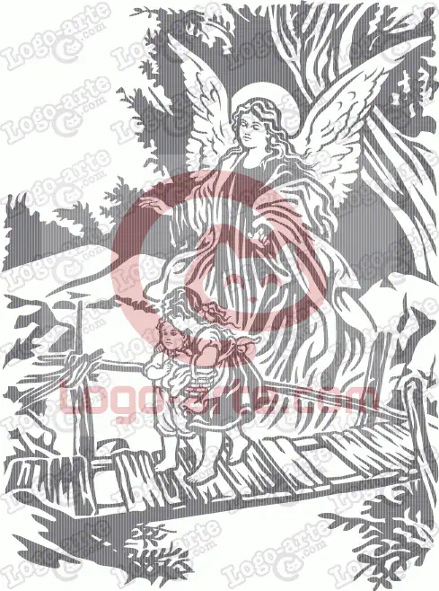 Imagem vetorial do Anjo da Guarda a acompanhar duas crianças pequenas enquanto atravessam uma ponte perigosa.