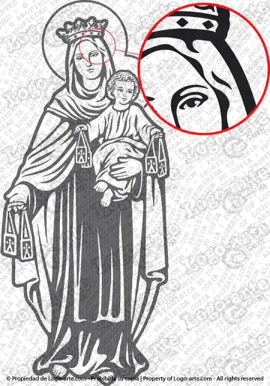 Madonna del Carmelo a figura intera vettorializzata per plotter, con dettaglio ingrandito.