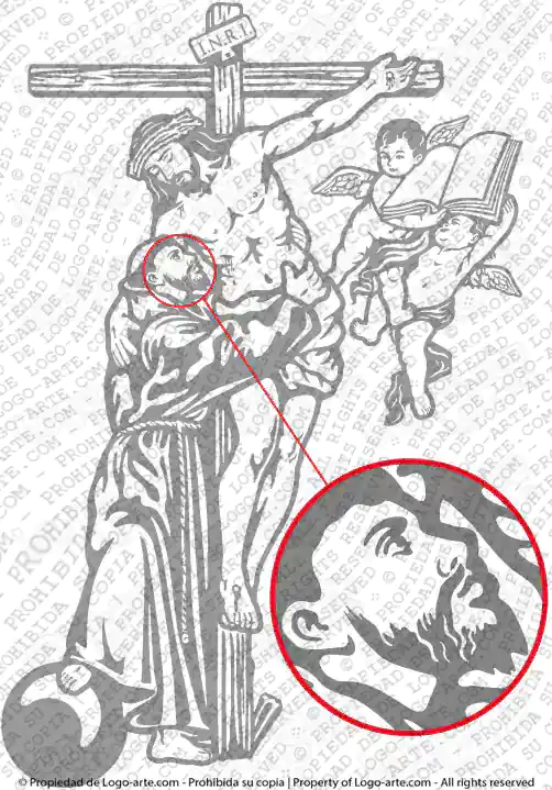 Arte vectorial de San Francisco abrazando a Jesús, para cortar en plotter o grabado.