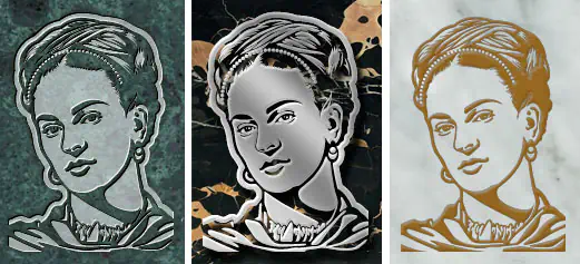 Frida Kahlo portrait shown on 3 different materials