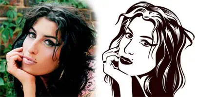 Original photograph of Amy Winehouse and her vector-created portrait.
