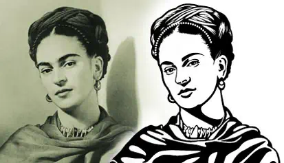 Original photograph of Frida Kahlo and the vector portrait created for marble engraving.