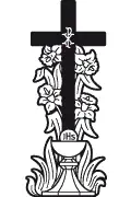 Arte vectorial de cruz con cáliz y flores para corte en plotter, chorro de arena en lápida y grabado CNC formato DXF.