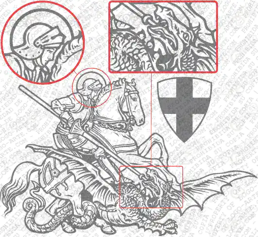 Imagem vetorial de São Jorge a matar o dragão mostrando detalhes ampliados.