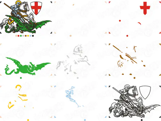 São Jorge a matar o dragão, vetorizada em cores separadas para cortar em plotter.