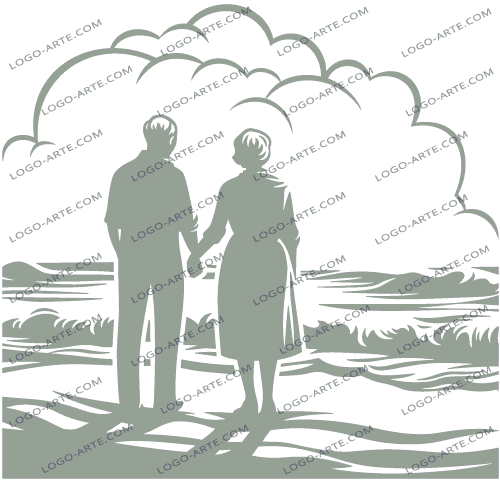 Vector image of an elderly couple holding hands, looking at the horizon.
