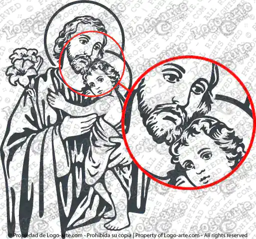Immagine di San Giuseppe con Gesù bambino, con dettaglio ingrandito.