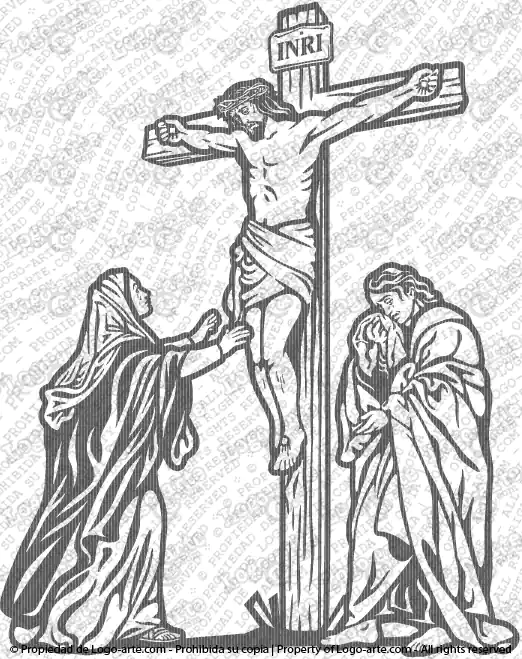 Immagine vettoriale della dodicesima stazione della via crucis biblica: Gesù sulla croce, sua madre e il discepolo