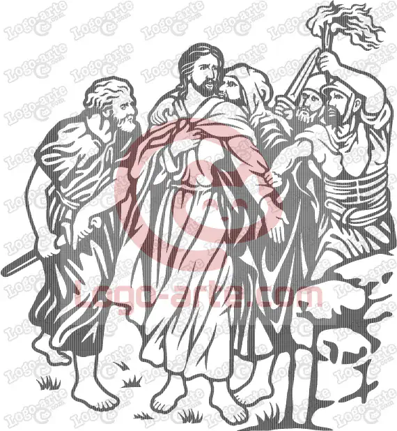 Imagen vectorial de la segunda estación del Via Crucis bíblico: Jesús, traicionado por Judas, es arrestado