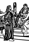 Imagen vectorial de la quinta Estación del Viacrucis: Jesús es condenado a muerte por Pilato