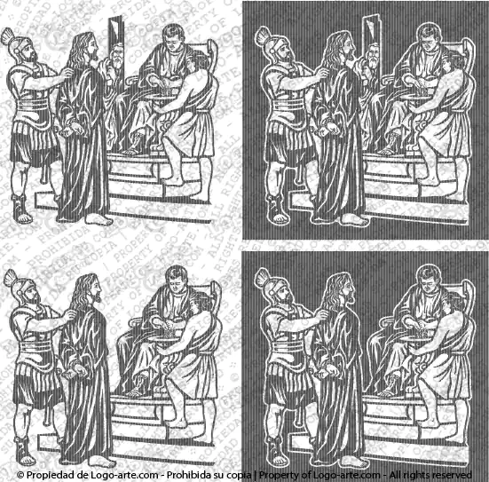 Immagini vettoriali della 5ª stazione della Via Crucis biblica disponibili per il download (Gesù è condannato a morte da Pilato).
