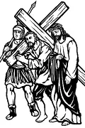 Imagen vectorial de la quinta Estación del Viacrucis: Simón el Cirineo ayuda a Jesús a llevar la cruz