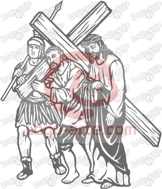 Vector image of Traditional Station of the Cross 5: Simon of Cyrene helps Jesus carry the Cross.