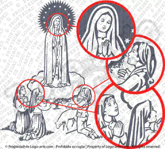 Vector art of Our Lady of Fatima and the little shepherds praying, showing enlarged areas.