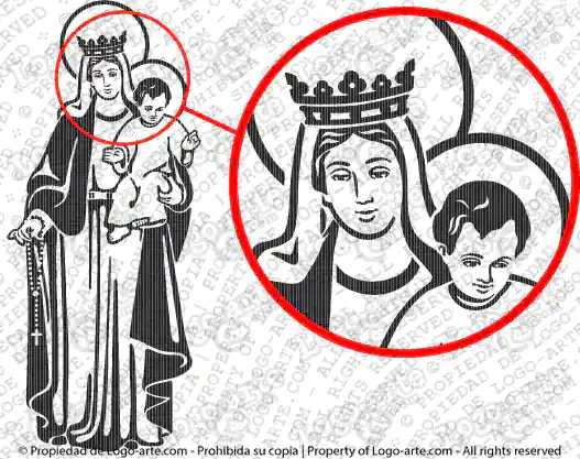 Immagine vettoriale della Madonna del Rosario con dettaglio ingrandito.